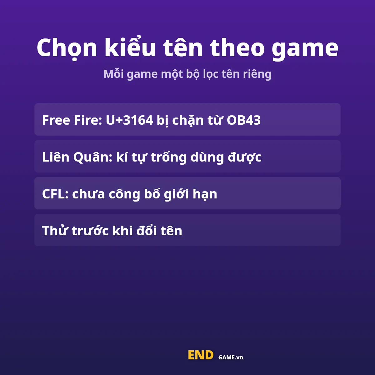 Chọn kiểu tên theo tựa game: Free Fire, Liên Quân, CFL có bộ lọc tên riêng
