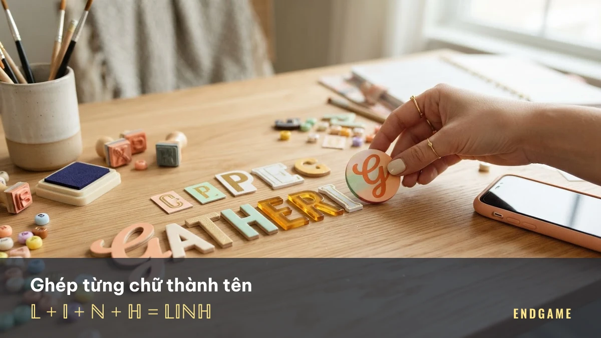 Bàn tay xếp các chữ cái kiểu trên bàn gỗ, ví dụ ghép chữ cái đặc biệt thành tên LINH