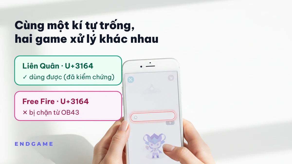 Tay cầm điện thoại ở ô đổi tên, so sánh U+3164 dùng được trong Liên Quân nhưng bị chặn trong Free Fire