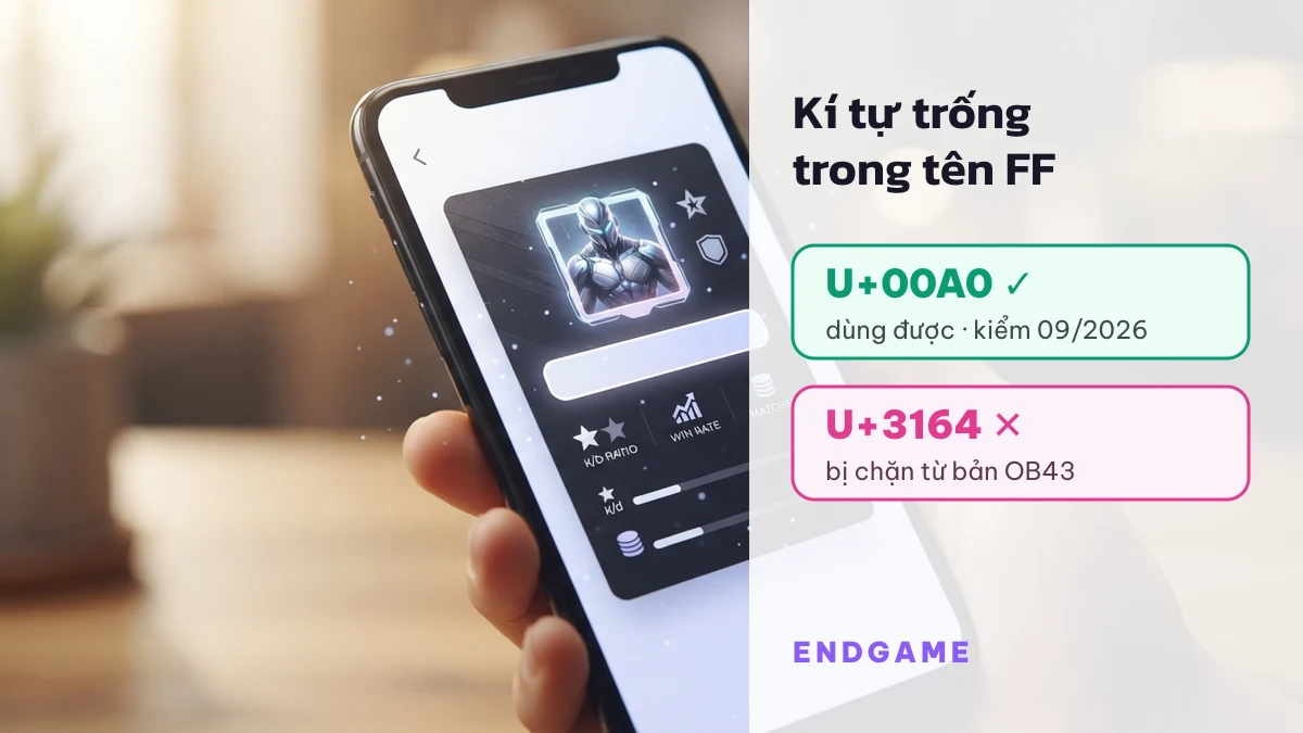 Tay cầm điện thoại có ô tên nhân vật để trống, chú thích U+00A0 dùng được và U+3164 bị chặn trong tên Free Fire