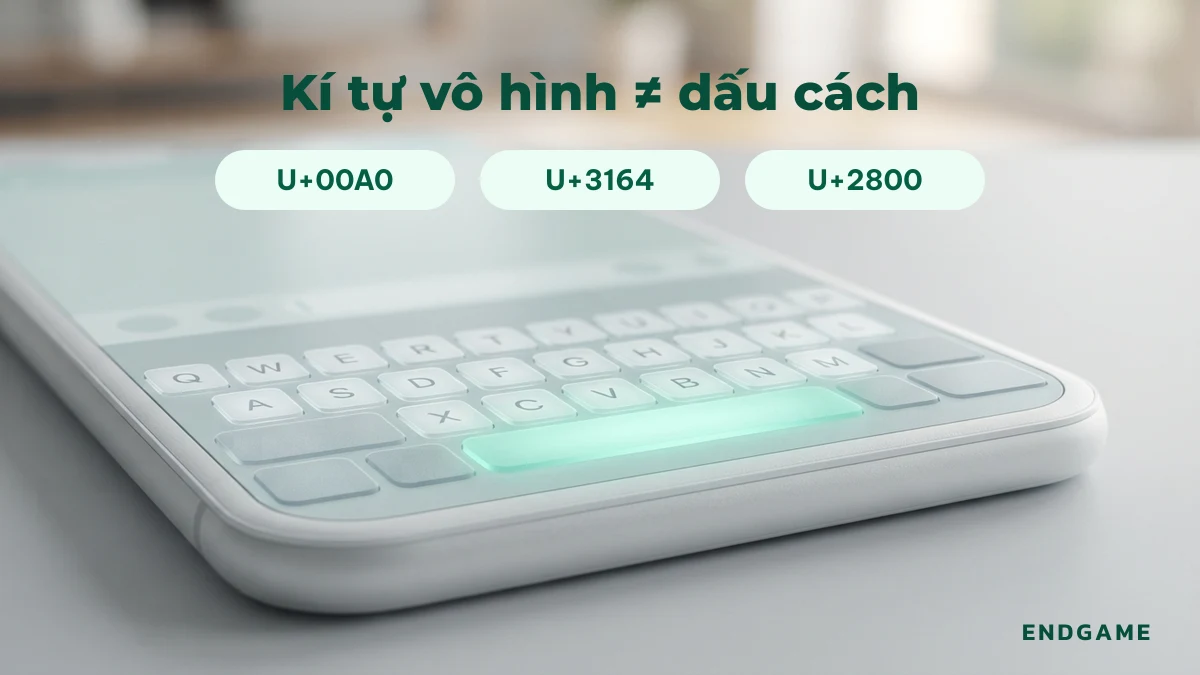 Bàn phím điện thoại với phím cách phát sáng, nhãn các kí tự vô hình U+00A0, U+3164, U+2800