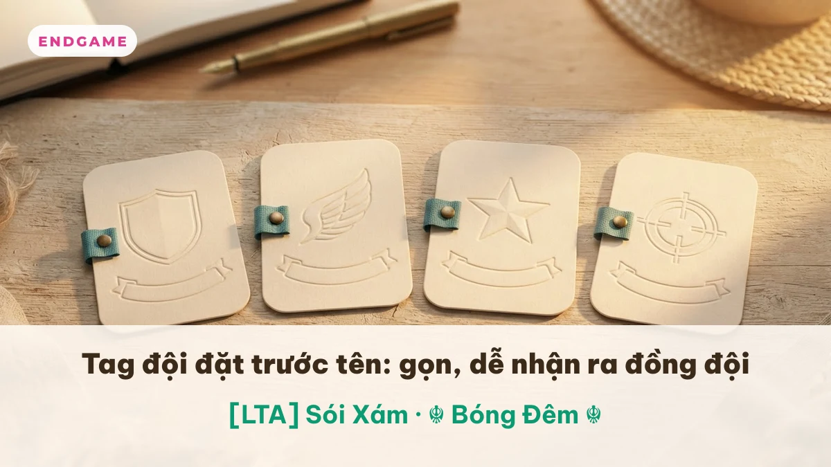Bốn thẻ huy hiệu đội trên bàn gỗ, chú thích đặt tag đội trước tên CFL như [LTA] Sói Xám