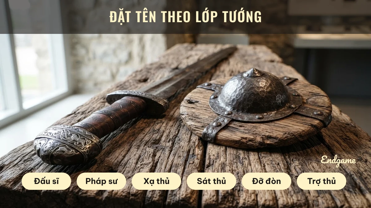 Thanh kiếm và khiên trên bàn gỗ, nhãn sáu lớp tướng Liên Quân: đấu sĩ, pháp sư, xạ thủ, sát thủ, đỡ đòn, trợ thủ