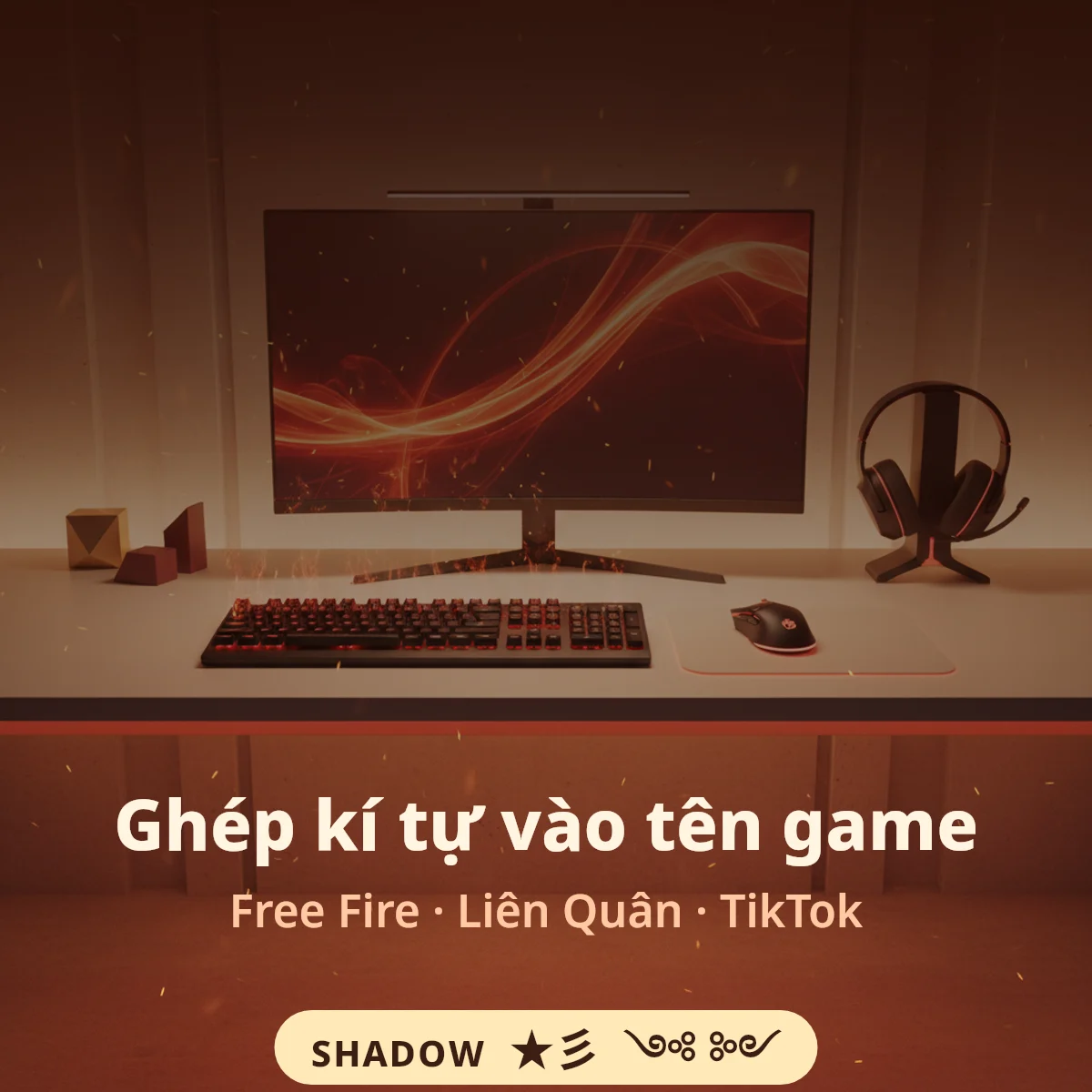 Bàn máy tính chơi game với màn hình, bàn phím và tai nghe, dòng chữ ghép kí tự vào tên game