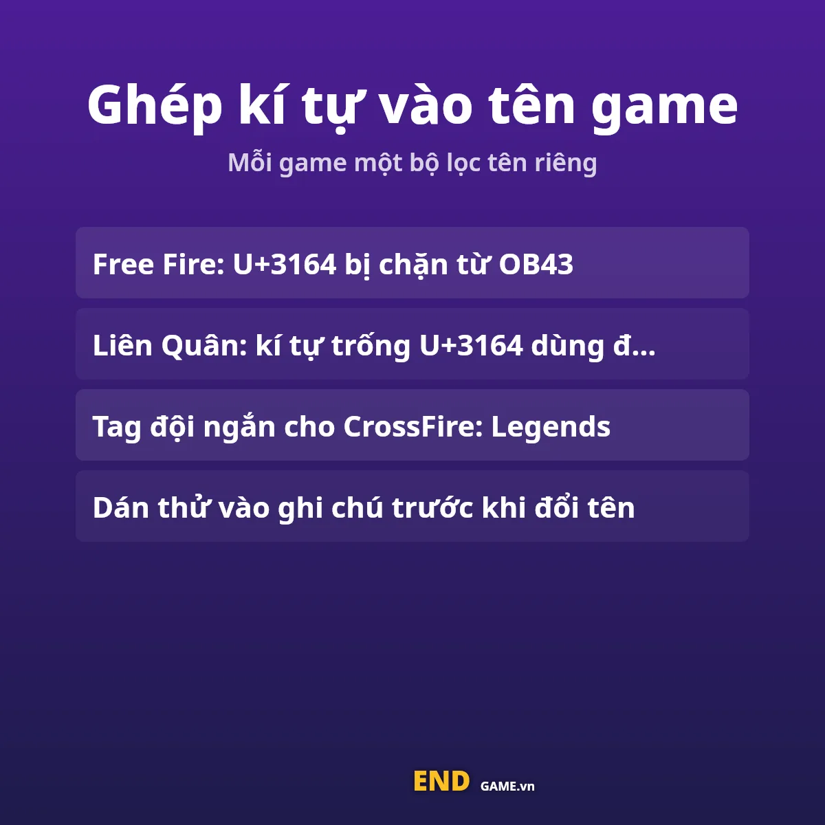 Mỗi game có bộ lọc tên riêng: Free Fire, Liên Quân, CrossFire Legends